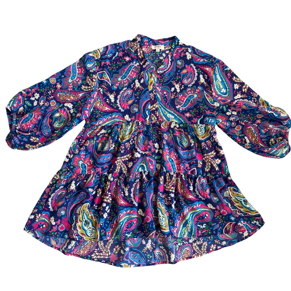 Umgee USA‎ Womens Paisley Tiered Tunic Top Navy Pink Boho Balloon Sleeve S K6615
